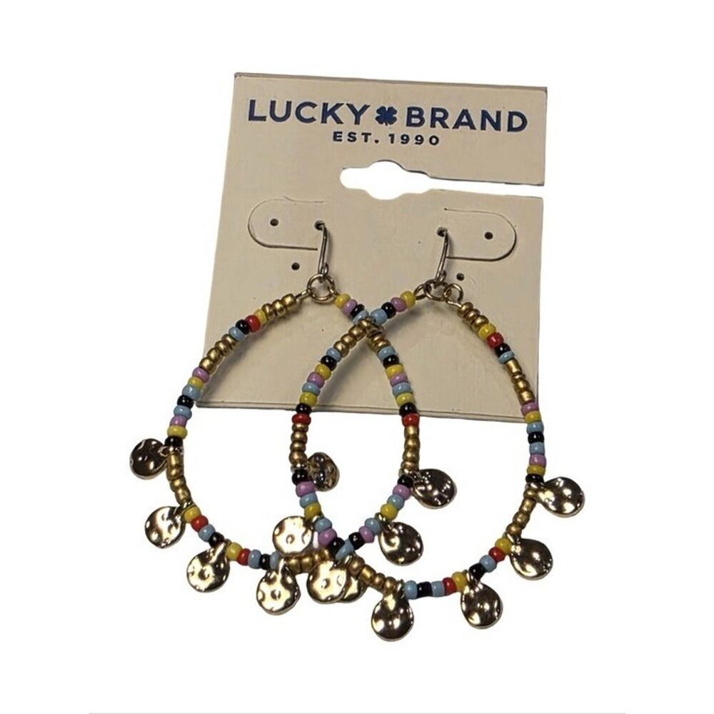 Lucky Brand Multi Color Beaded Teardrop Hoop Earrings Hammered Coin Charms Gold